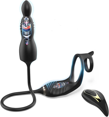 Prostata Vibrator Stimulator mit Stoßfunktion, 10 Vibrationsmodi Extrem Silikon und Doppel Penisring, Penis Vibrator mit Fernbedienung Sex Spielzeug Anal Dildo Analplug Analvibratoren für Mann