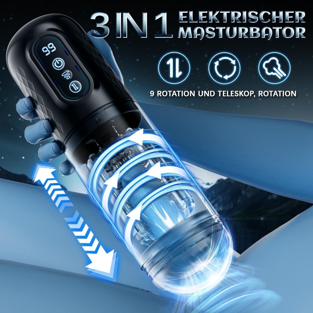 Elektrische Masturbabtor Cup Sexspielzeug für Männer mit 9 Modi Teleskopfunktion und Rotierender Massagefunktion 3D Kanal Pussy Taschenmuschi Penis Masturbieren für Männer