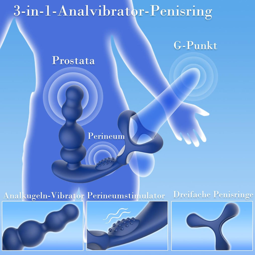 Anal Vibratoren für Mann Sex Spielzeug - 4 In 1 Prostata Stimulation Fernbedienung Analkugeln Buttplug Dildo mit Doppelte Penisringe 10 Vibrations & 3 Rotationsmodi Prostata Massagegerät Analplug