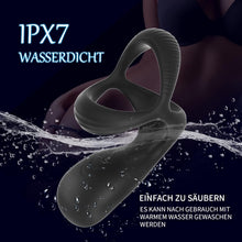 Laden Sie das Bild in den Galerie-Viewer, 3 in 1 Silikon Cockring Vibratoren-Anal und Perineum Klitoris Stimulator mit 10 Modi Vibration,Dehnbar Penisringe Erektion Massager,Sexspielzeug für Männer und Paare Extrem Schwarz