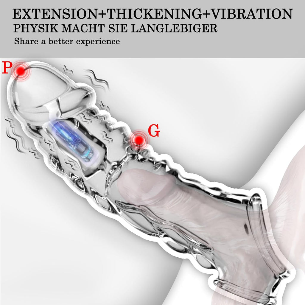 Penishülle mit Vibrator für 9 CM Penisverlängerung,Penis Sleeve erotisches Sexspielzeug für die Männer Penis Hülle Penismanschetten Sex Toyset Herren (Transparent)