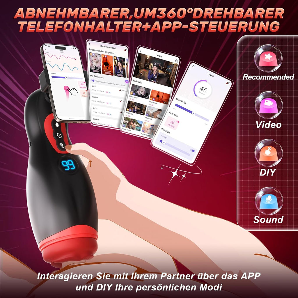 Elektrische Masturbator mit Telefonhalter, Mundförmig Masturbieren für Männer Blowjob mit 9 Saugmodi 9 Vibration, 3D Realistisch Vagina Heizung Sex Spielzeug für die Männer LCD Display, APP-Steuerung