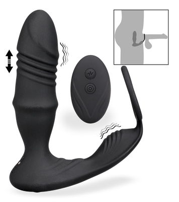 Analplug mit Vibration, Stoßfunktion und Cockring Clark