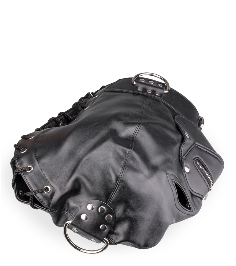 BDSM-Kopfmaske mit Reißverschluss am Mund und Schloss