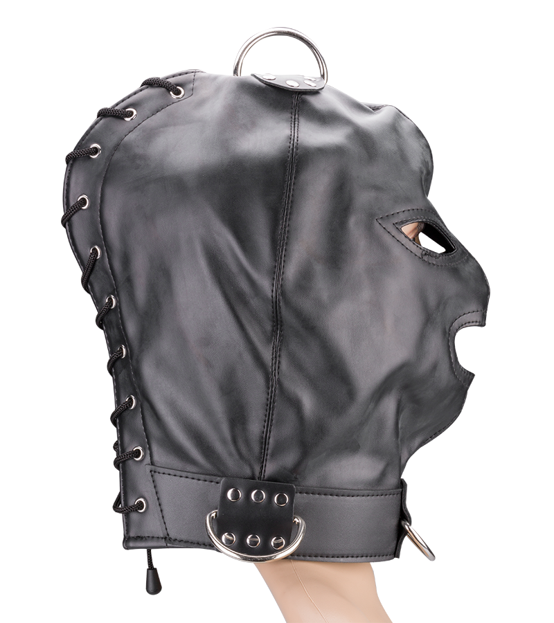 Bondage-Haube aus Kunstleder mit drei Öffnungen und Ringen