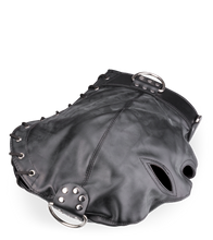 Laden Sie das Bild in den Galerie-Viewer, Bondage-Haube aus Kunstleder mit drei Öffnungen und Ringen